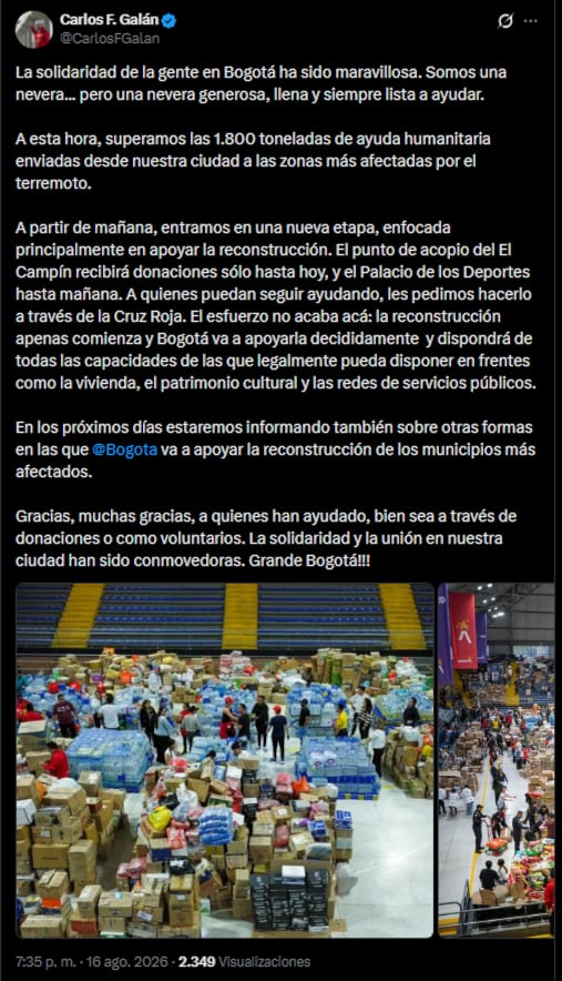 El alcalde Carlos Fernando Galán agradeció la solidaridad de los ciudadanos y anunció una nueva etapa enfocada en la reconstrucción -crédito @CarlosFGalan/X