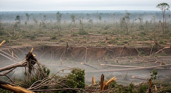 Bosque tropical con árboles caídos, troncos esparcidos, tierra expuesta, ramas rotas y neblina. En el fondo se aprecia un área forestal intacta.