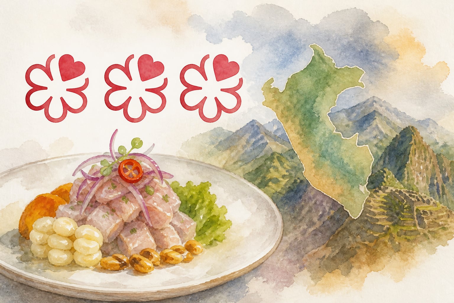 La gastronomía peruana se representa mediante un plato de cebiche junto al mapa del país y tres símbolos de estrellas Michelin sobre las montañas de Machu Picchu. (Imagen Ilustrativa Infobae)