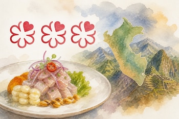 Ilustración en acuarela de un plato de cebiche, tres figuras rojas de estrellas Michelin, el mapa de Perú y las montañas de Machu Picchu.