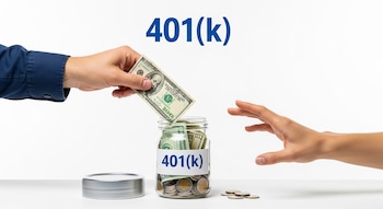Una mano masculina deposita un billete en un frasco con billetes y monedas, etiquetado '401(k)'. Una mano femenina se extiende. El logo '401(k)' azul se ve arriba.