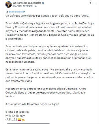 Presidente De la Espriella donó su primer sueldo mensual para dos ancianatos - crédito ABDELAESPRIELLA/X