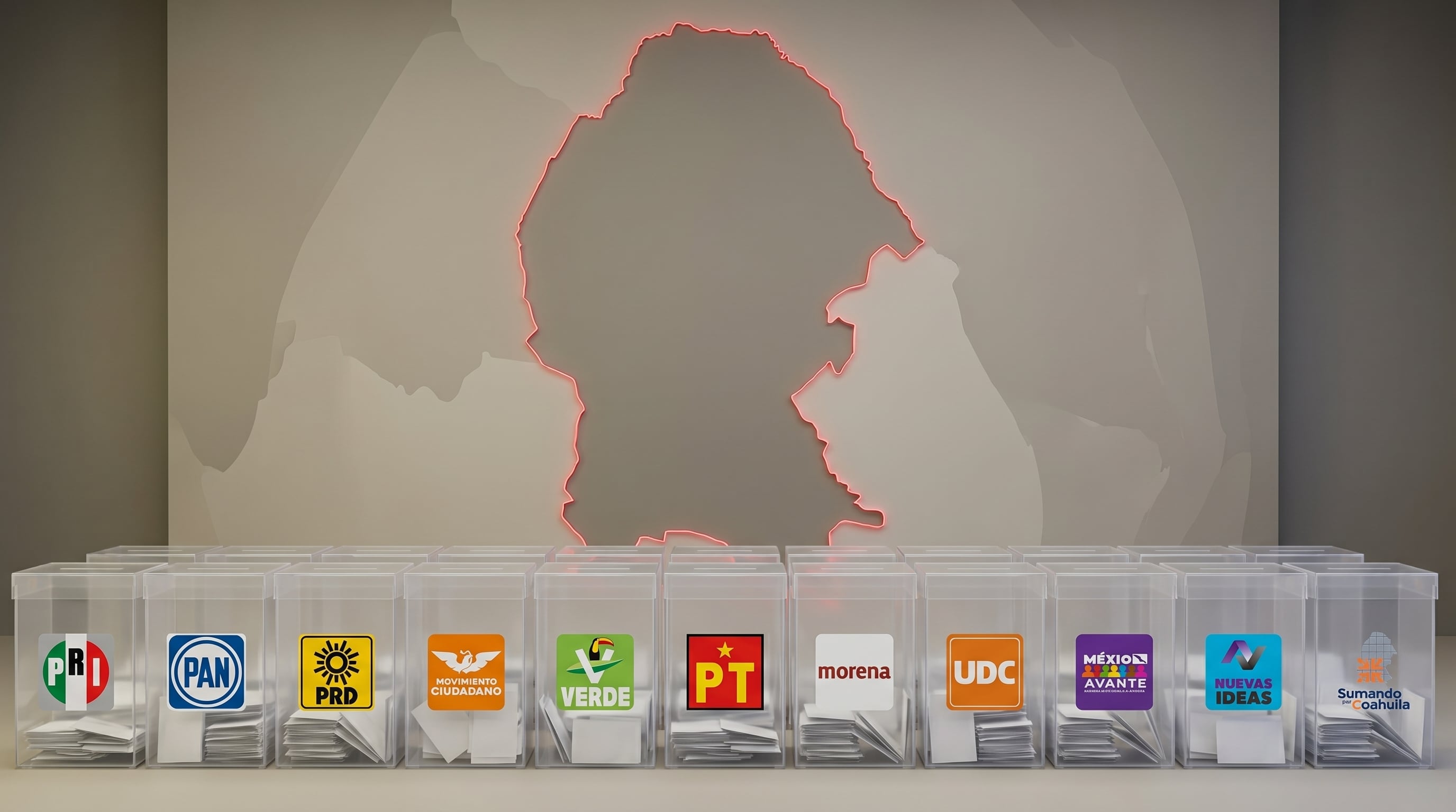 Urnas transparentes con los logos de los partidos políticos, como PRI, PAN y Morena, alineadas frente a la silueta del mapa de Coahuila, simbolizando la pluralidad electoral del estado. (Imagen Ilustrativa Infobae)