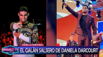 Pantalla dividida. Izquierda: hombre sonriente con camisa estampada, señalando. Derecha: hombre con traje marron cantando en escenario con micrófono. Textos "Magaly TV", "EL GALÁN SALSERO DE DANIELA DARCOURT"