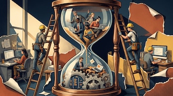 Reloj de arena con personas usando computadoras arriba, engranajes abajo y dos personas con cascos amarillos subiendo por escaleras de mano.