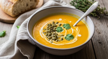 Primer plano de un tazón de sopa de zapallo anaranjada con semillas de calabaza, hojas de cilantro y crema. Hay una cuchara, un paño y pan en una mesa de madera.