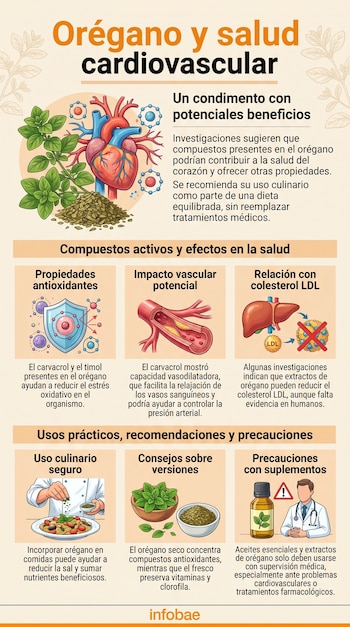 Infografía visualmente rica que presenta una planta de orégano, un corazón humano, ilustraciones de células y vasos sanguíneos, un chef cocinando y un médico.