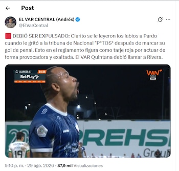 Post de El Var Central analizando el polémico festejo de Felipe Pardo en el partido de Alianza FC vs. Atlético Nacional - crédito X