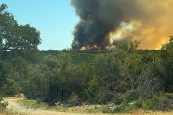 Humo denso y llamas visibles sobre la línea de árboles en una colina con vegetación verde y un camino de tierra