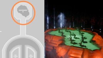 El segundo escenario, ubicado a pocos metros del principal, reproduce la tarima acuática utilizada en Coachella, donde Karol G se presentó junto a su equipo de bailarines - crédito montaje captura de pantalla Coachella - Ticketmaster
