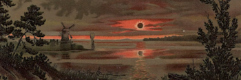 Cielo oscuro con horizonte rojizo, eclipse solar total con corona, reflejo del sol en el agua, molino, árboles, bote, pasto y masa de agua