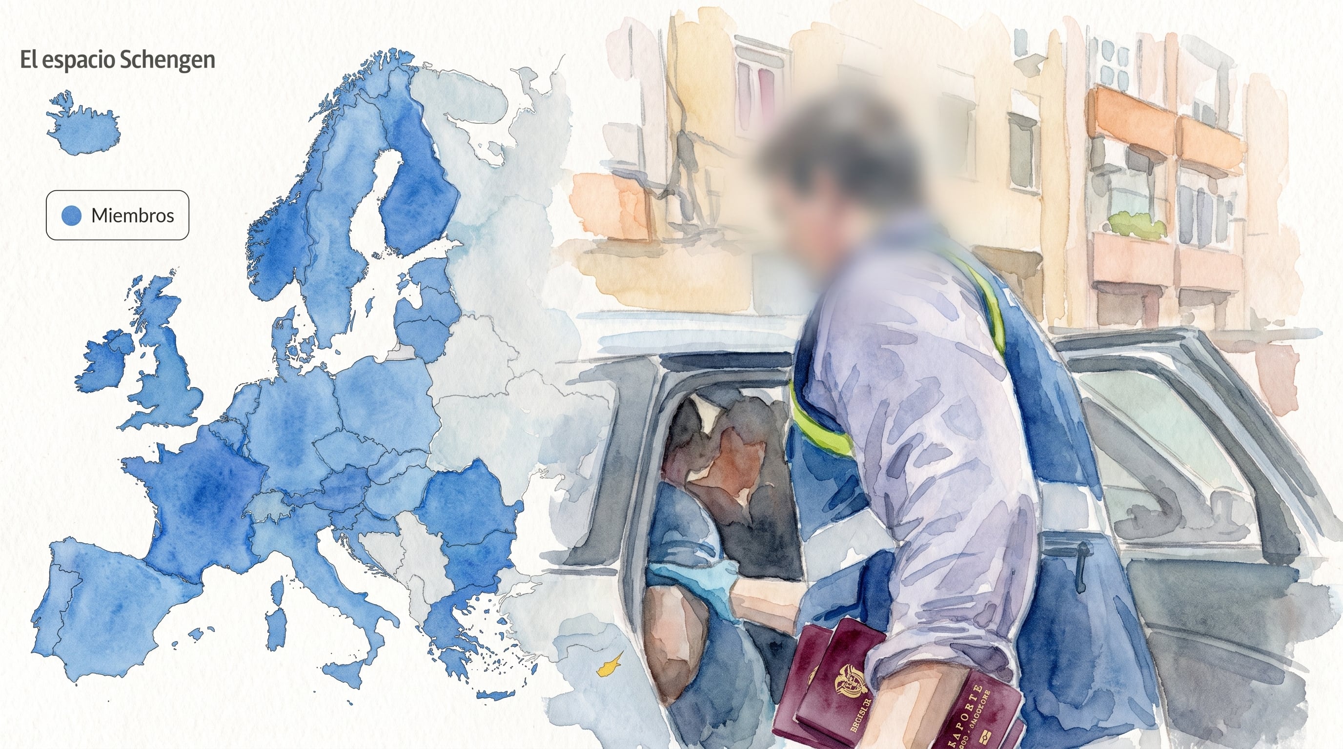 Un agente custodia a personas detenidas junto a pasaportes colombianos y un mapa con los países del espacio Schengen - crédito (Imagen Ilustrativa Infobae)
