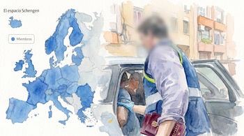 Un mapa azul del espacio Schengen al lado de un agente que sostiene pasaportes rojos e introduce a una persona en un vehículo.