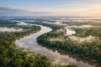 Vista aérea de un río marrón serpenteando entre selva verde, con niebla sobre el agua y los árboles, y una ciudad distante en el horizonte.