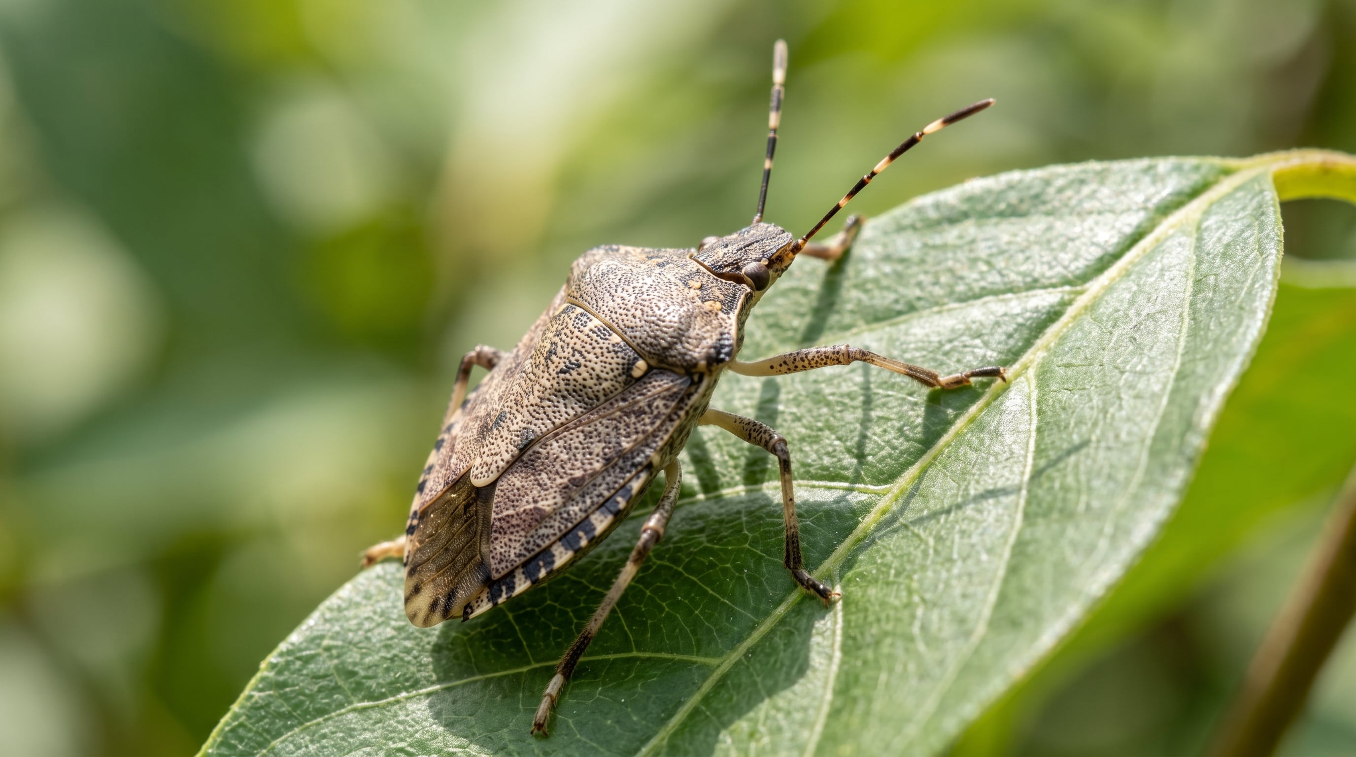 El adulto de Halyomorpha halys tiene la forma de escudo propia de las chinches de la familia Pentatomidae. Su cuerpo es pardo y presenta un patrón marmolado, con zonas grises, oscuras y marrones. (Imagen Ilustrativa Infobae)