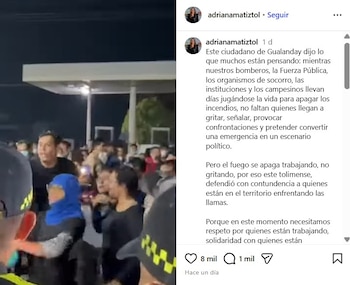 La gobernadora del Tolima Adriana Matiz aplaudió la reacción por parte del lugareño que cuestionó la acción del grupo de universitarios, que también llegó a la zona para ayudar a controlar las llamas junto al equipo de voluntarios y autoridades locales - crédito @adrianamatiztol/IG