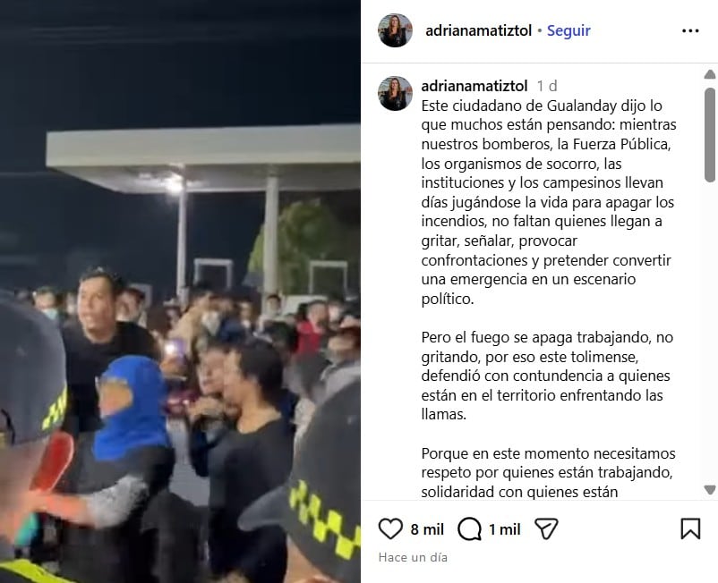 La gobernadora del Tolima Adriana Matiz aplaudió la reacción por parte del lugareño que cuestionó la acción del grupo de universitarios, que también llegó a la zona para ayudar a controlar las llamas junto al equipo de voluntarios y autoridades locales - crédito @adrianamatiztol/IG