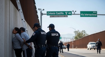Dos agentes de policía SSPCM detienen a un hombre y una mujer junto a un muro de hormigón con una escalera metálica. Se ven letreros viales y una patrulla.
