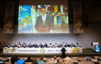 Panamá participó en la Comisión del Codex Alimentarius, celebrada en Ginebra, Suiza. En la pantalla, Tedros Adhanom Ghebreyesus, director de la OMS. (Mici)