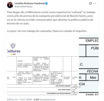 El nombramiento de Julia Cristina Daza Noguera como directora de la Biblioteca Nacional quedó bajo la lupa después de que Jennifer Pedraza - crédito @JenniferPedraz/X