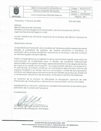 A Prefeitura de Pamplona solicitou ao Exército Nacional, MinTIC e ANE que autorizem a redefinição temporária de frequências por 12 meses - crédito fornecido pela Infobae Colombia