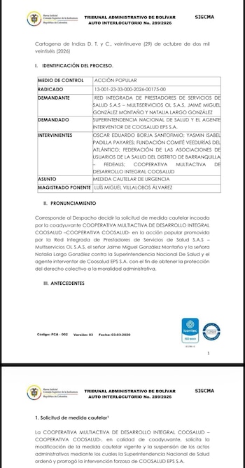 Tribunal Administrativo de Bolívar concluyó que, tras dos años de mediación, no se lograron los resultados esperados para corregir los problemas económicos y administrativos de la aseguradora - crédito Tribunal Administrativo de Bolívar
