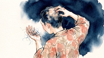 Ilustración en acuarela de una persona de espaldas que se toca la cabeza y sostiene mechones de cabello sueltos en su mano abierta.