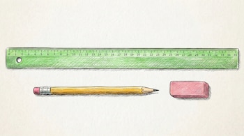 Una ilustración de una regla verde horizontal con números y marcas de medición, junto a un lápiz amarillo y un borrador rosado sobre un fondo blanco texturizado.