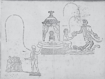 Dibujo en blanco y negro de caricatura política. San Martín corona a O’Higgins, pisando cuerpos. Un trono bajo un dosel. Un hombre habla a un grupo