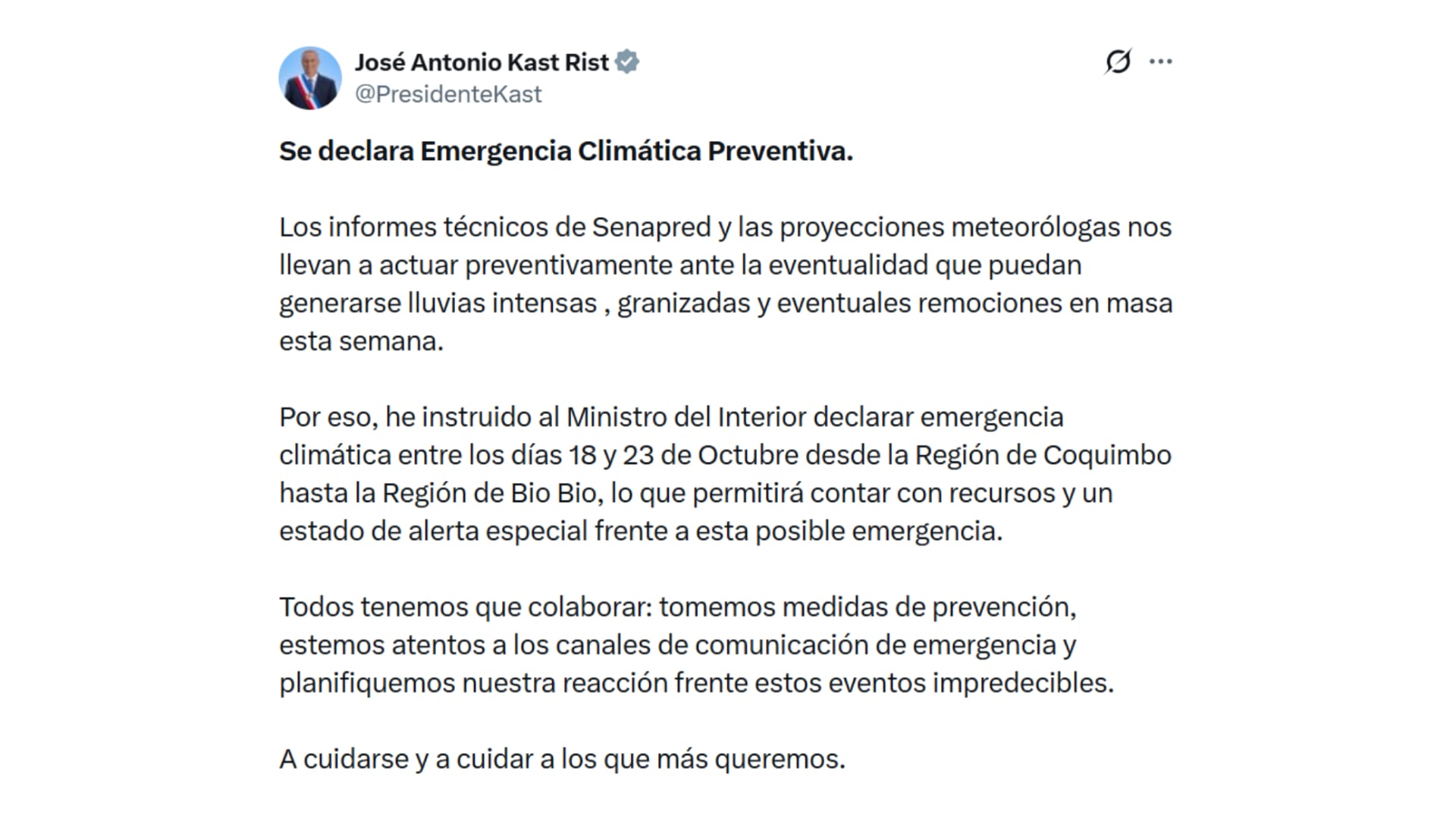 El anuncio de Antonio Kast sobre la emergencia climática preventiva vía X (@PresidenteKast)