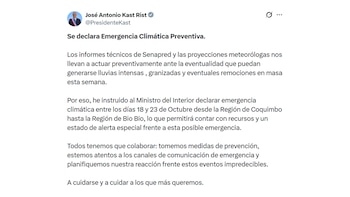 El anuncio de Antonio Kast sobre la emergencia climática preventiva vía X (@PresidenteKast)