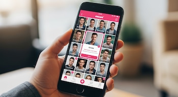 Primer plano de una mano sosteniendo un smartphone con la aplicación Grindr abierta, mostrando múltiples perfiles masculinos y un perfil destacado en el centro.