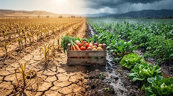 Una caja de madera con verduras en el centro de un terreno dividido entre suelo seco agrietado y tierra húmeda con cultivos bajo la lluvia.