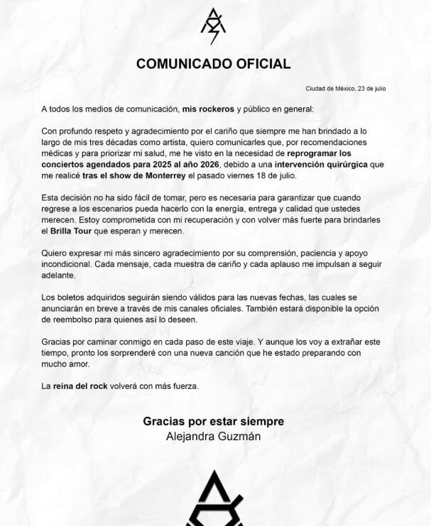 La cantante mexicana anunció que todos los conciertos previstos para 2025 se reprograman tras una cirugía de emergencia, asegurando que volverá a los escenarios solo cuando esté completamente recuperada y llena de energía - crédito @laguzmanmx/ Instagram