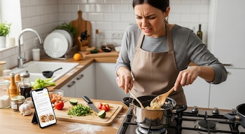 Mujer con delantal en una cocina moderna, expresión de frustración, revolviendo una olla en la estufa. Un celular con una receta y vegetales picados en la encimera.