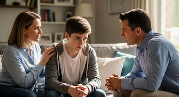 Una familia sentada en un sofá: la madre a la izquierda con la mano en el hombro del hijo, el hijo en el centro y el padre a la derecha, todos conversando.