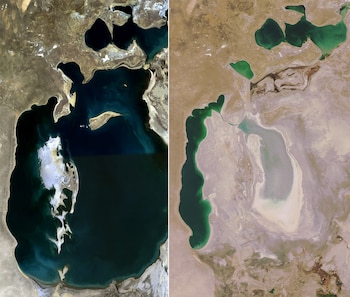 Vista aérea del mar de Aral en 1989 y 2008, que muestra el nivel extremo de pérdida de agua. (NASA/Wikimedia Commons)