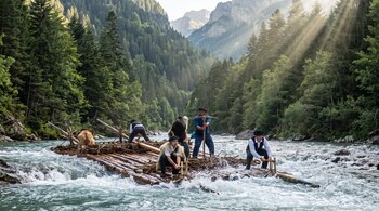 Hombres con ropa tradicional manejan una balsa de madera en un río con fuerte corriente rodeado de árboles y montañas.