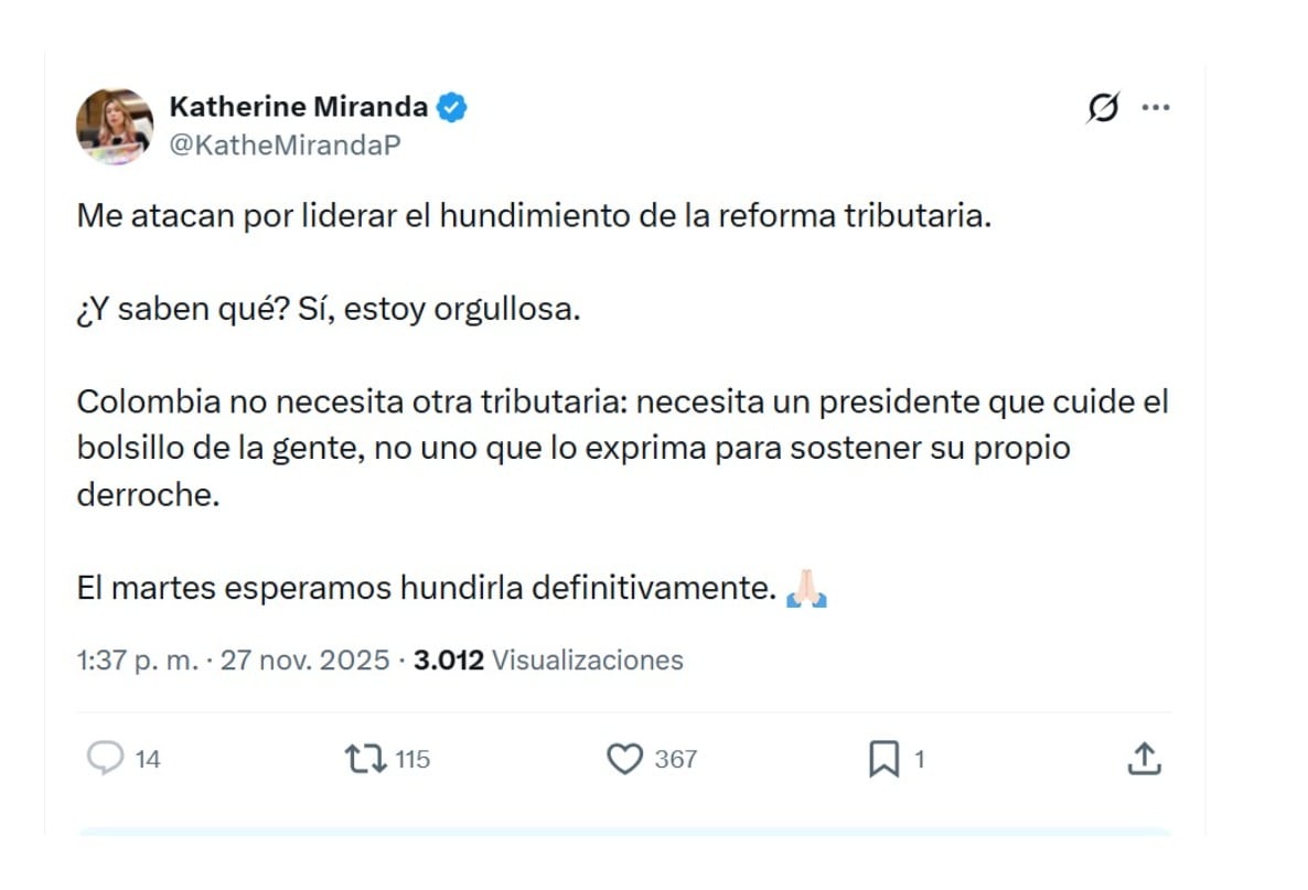 Con este mensaje, la representante Katherine Miranda lanzó sus pullas al presidente Gustavo Petro - crédito @KatheMirandaP/X