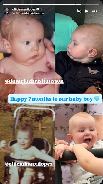Cuatro fotos de un bebé: rostro de perfil, de frente, en cochecito y en silla. Incluye un texto con la frase 'Happy 7 months to our baby boy'