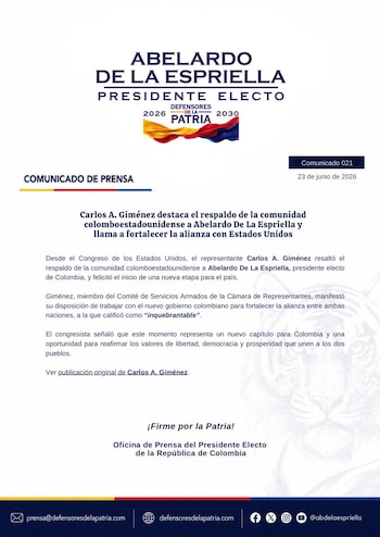El representante a la Cámara de Estados Unidos Carlos A. Giménez dijo que la relación bilateral con Colombia es “inquebrantable” al felicitar al presidente electo Abelardo De La Espriella tras la segunda vuelta del 21 de junio de 2026, cuyo resultado fue confirmado por la Registraduría Nacional del Estado Civil - crédito @defensoresco/X
