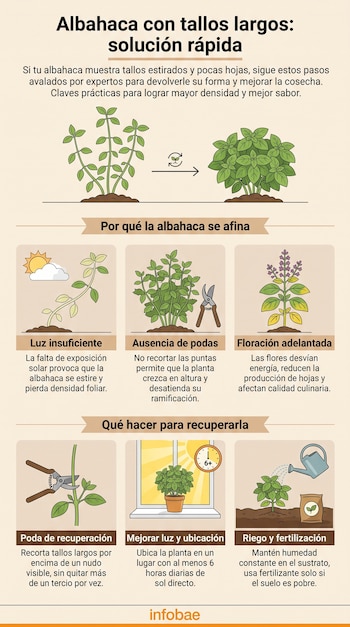 Infografía sobre albahaca con tallos largos que muestra plantas con poca luz, sin podar y floreciendo, y luego podando, en ventana y regando.