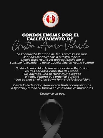 Comunicado en fondo negro con el escudo de la Federación Peruana de Tenis, un crespón negro y un texto de condolencias por Gastón Acurio Velarde