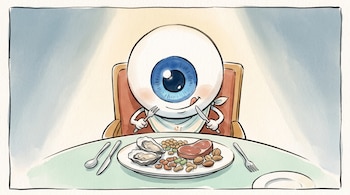 Un ojo gigante con babero sostiene cubiertos ante un plato con ostras, un corte de carne, legumbres y frutos secos sobre una mesa.