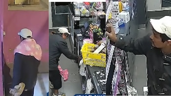 Hombre con gorra blanca y chaqueta oscura en tres tomas de minimarket: cerca de pared, mostrador con canasta y estantería de productos