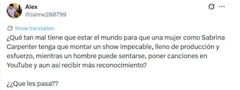 Captura de pantalla de un tuit de Alex (@Jaime280799) que critica la desigualdad de reconocimiento en la industria musical, mencionando el esfuerzo de Sabrina Carpenter