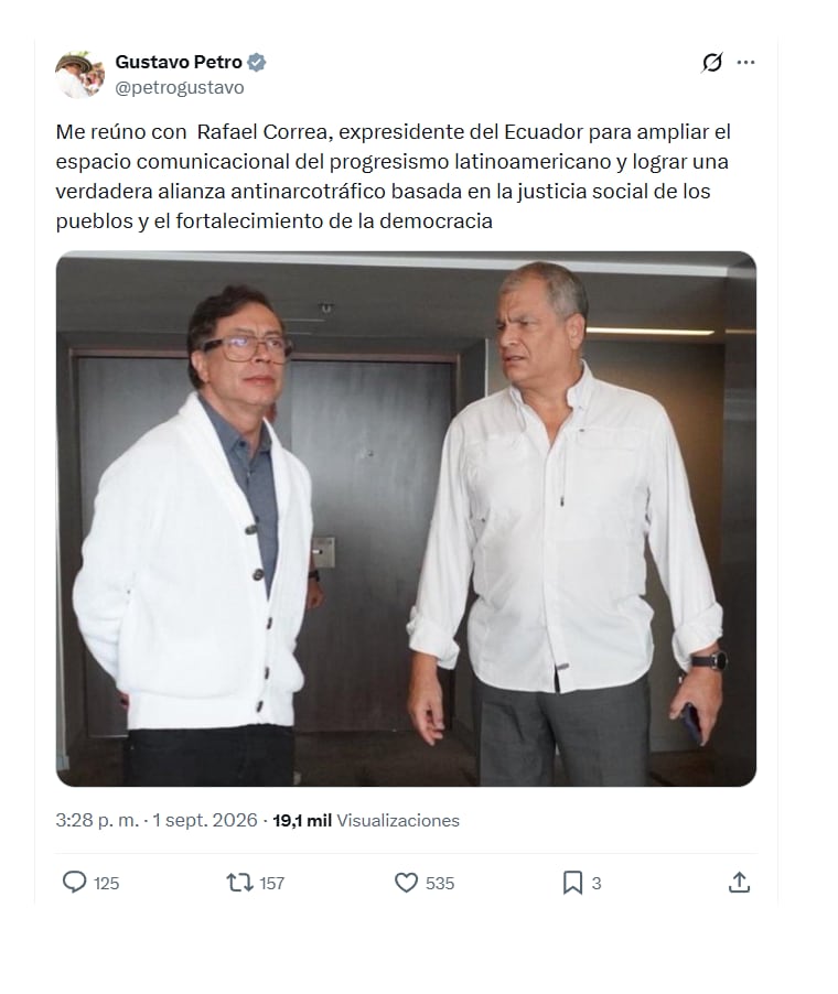 El expresidente Gustavo Petro reveló detalles del encuentro con Rafael Correa, en la víspera de su presencia en la Unam, en donde dictará una charla sobre cambio climático - crédito @petrogustavo/X