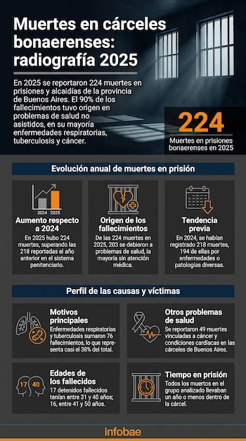 Infografía sobre muertes en cárceles bonaerenses con el número 224, una celda, iconos de gráfico, corazón roto, calendario, pulmones, corazón y dos cabezas.