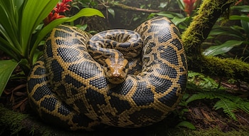Primer plano de una serpiente pitón grande, enrollada sobre sí misma, con piel de escamas negras y amarillas. Se encuentra en un entorno selvático con hojas verdes.