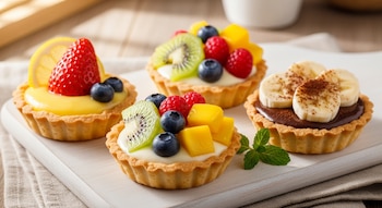 Primer plano de cuatro tartaletas de frutas variadas sobre una tabla blanca; incluyen fresa, limón, arándanos, kiwi, frambuesas, mango y plátano con chocolate.